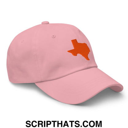 Pink unstructured dad hat with orange embroidered Texas state silhouette on the front for casual wear