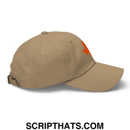 Beige unstructured dad hat with a small orange texas state silhouette embroidered logo on the side