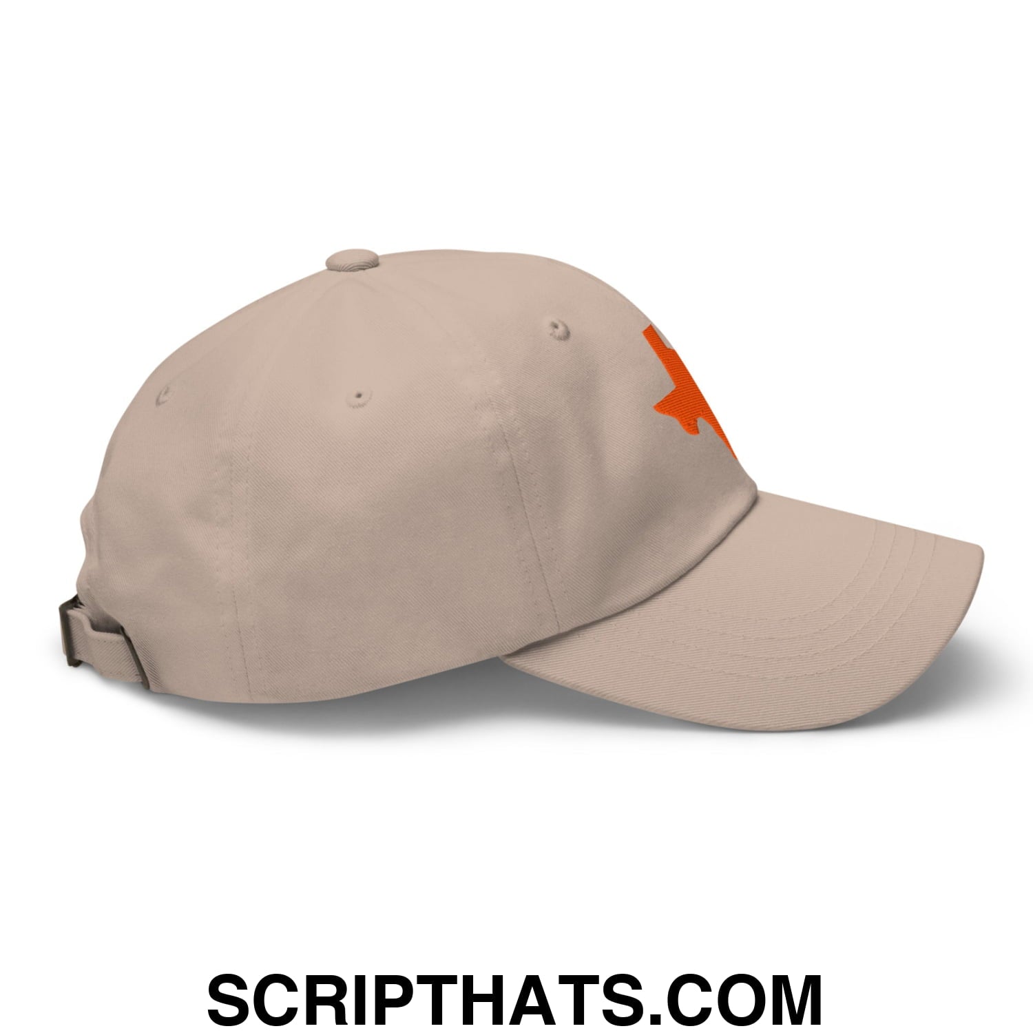 Beige unstructured dad hat with a bright orange Texas state silhouette embroidered logo on the side