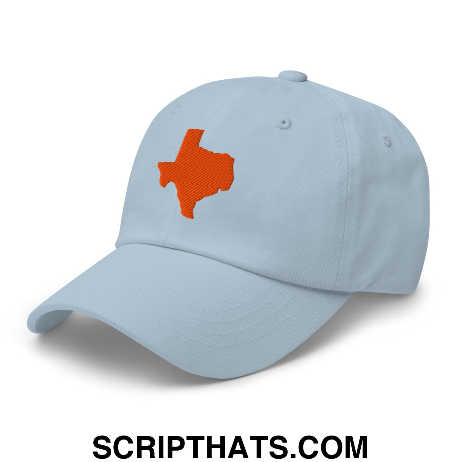 Light blue unstructured dad hat with orange embroidered texas state silhouette for casual wear