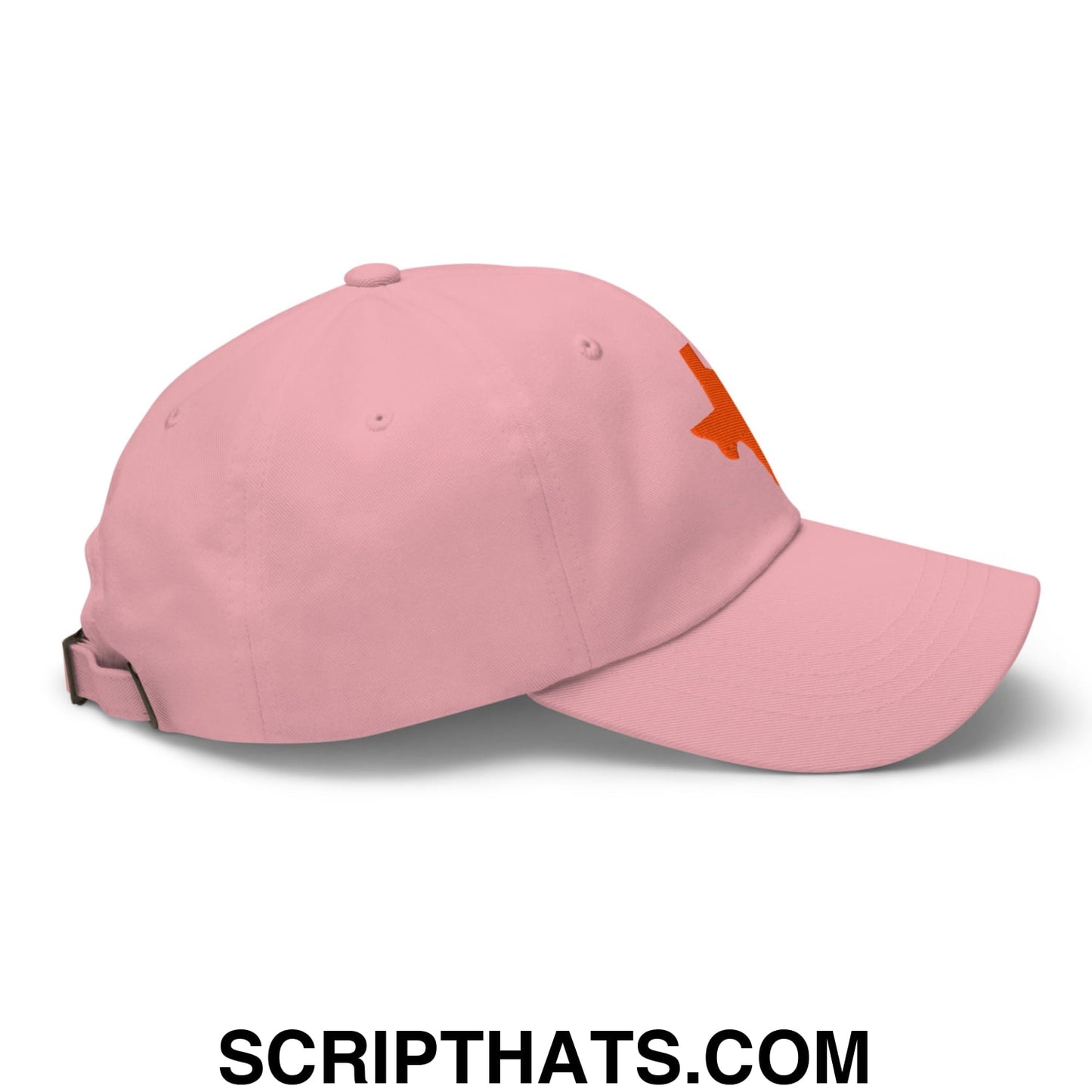 Texas state silhouette orange embroidered pink unstructured dad hat with an orange star logo on the side