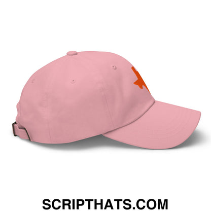 Texas state silhouette orange embroidered pink unstructured dad hat with an orange star logo on the side