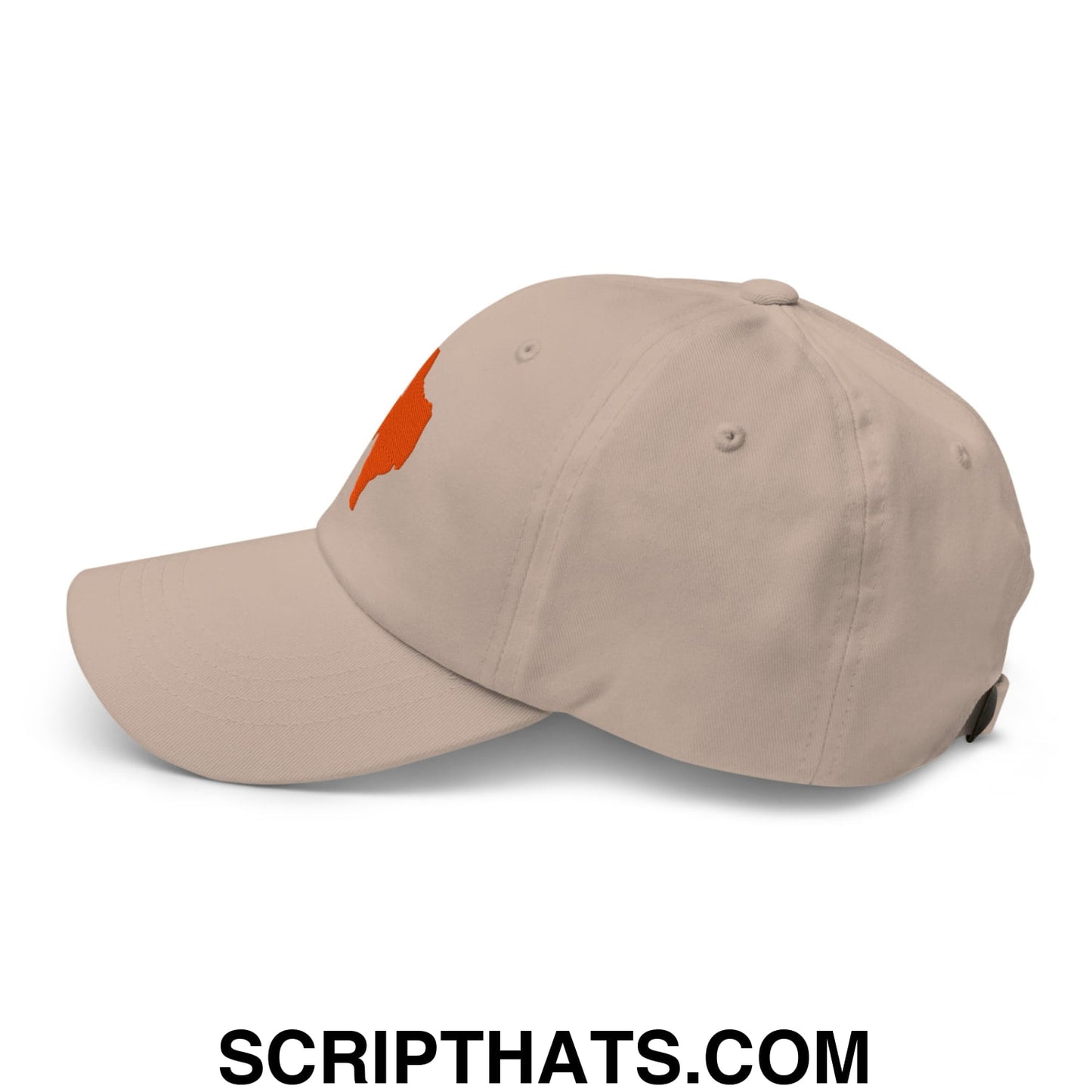 Beige unstructured dad hat with bold orange florida state silhouette embroidered on the front titled Texas state silhouette