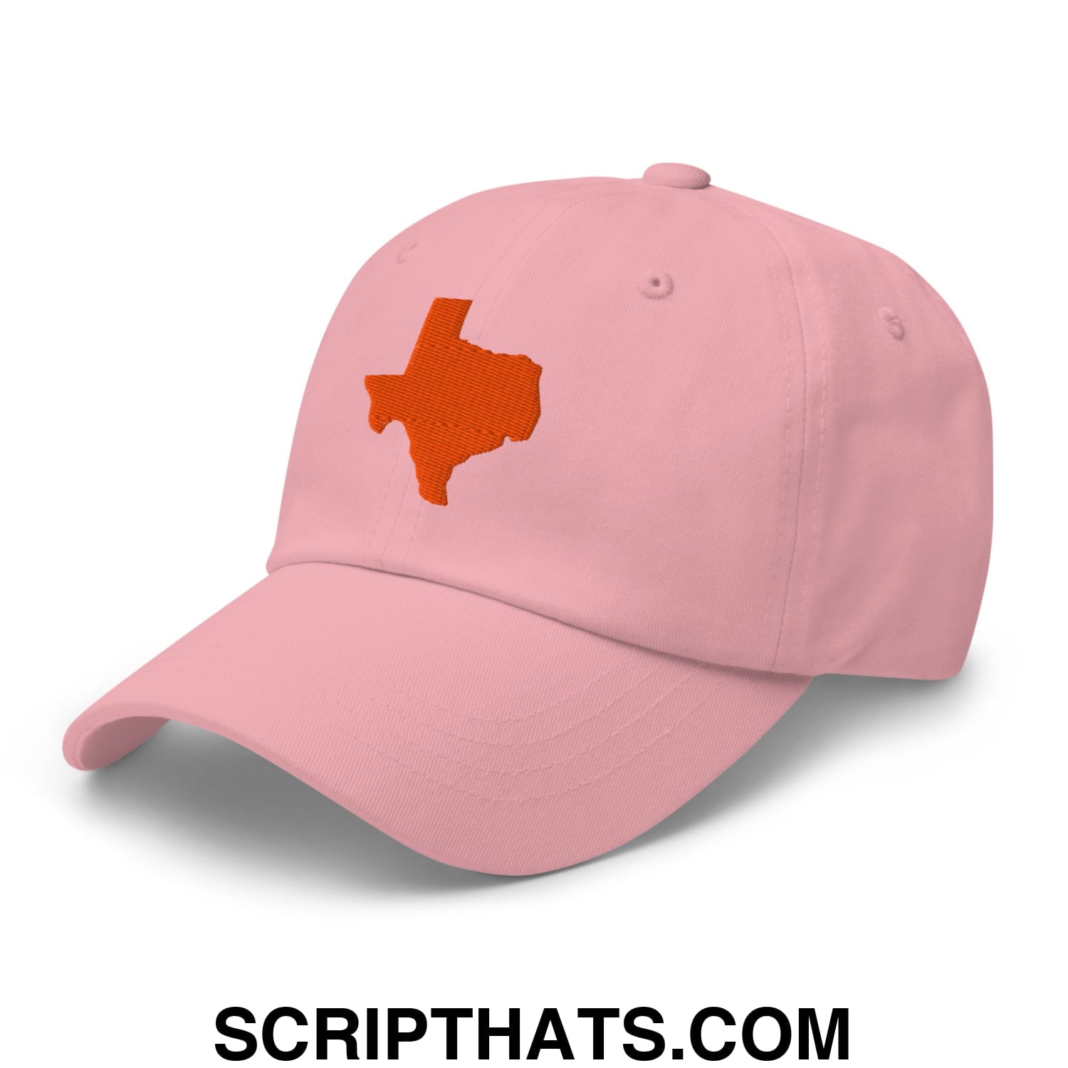Pink unstructured dad hat with an orange embroidered texas state silhouette on the front