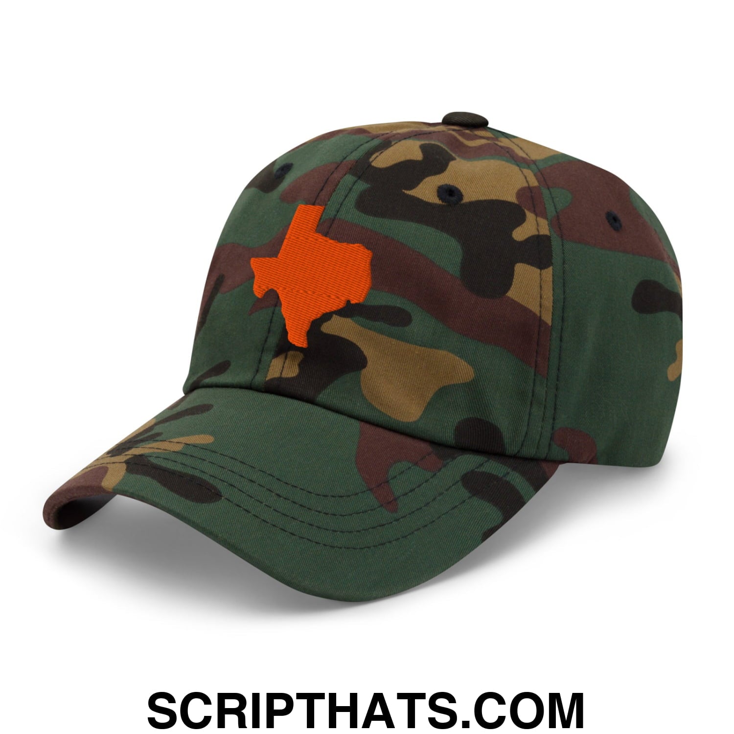 A unstructured dad hat with green brown and black camouflage and an orange texas state outline embroidered on front