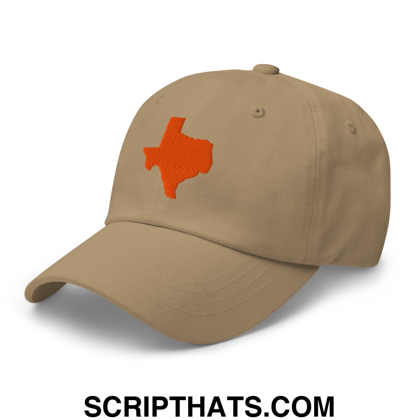Beige unstructured dad hat with orange embroidered texas state silhouette perfect for casual wear