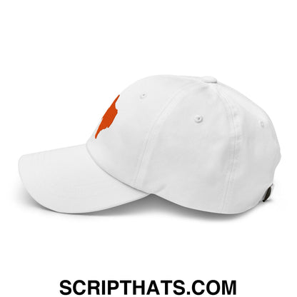 White unstructured dad hat with bold orange texas state silhouette embroidered logo on the side