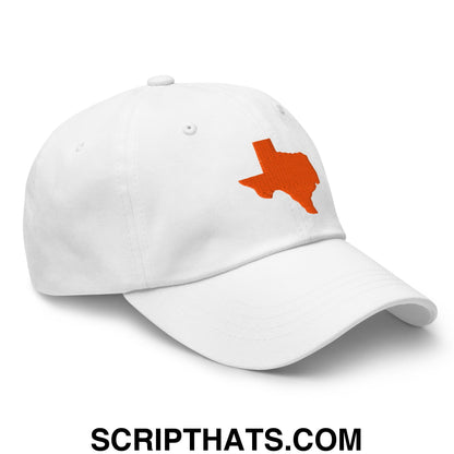 White unstructured dad hat with an orange embroidered outline of the state of Texas silhouette on the front