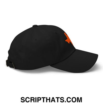 Black texas state silhouette unstructured dad hat with small orange embroidered logo on the side