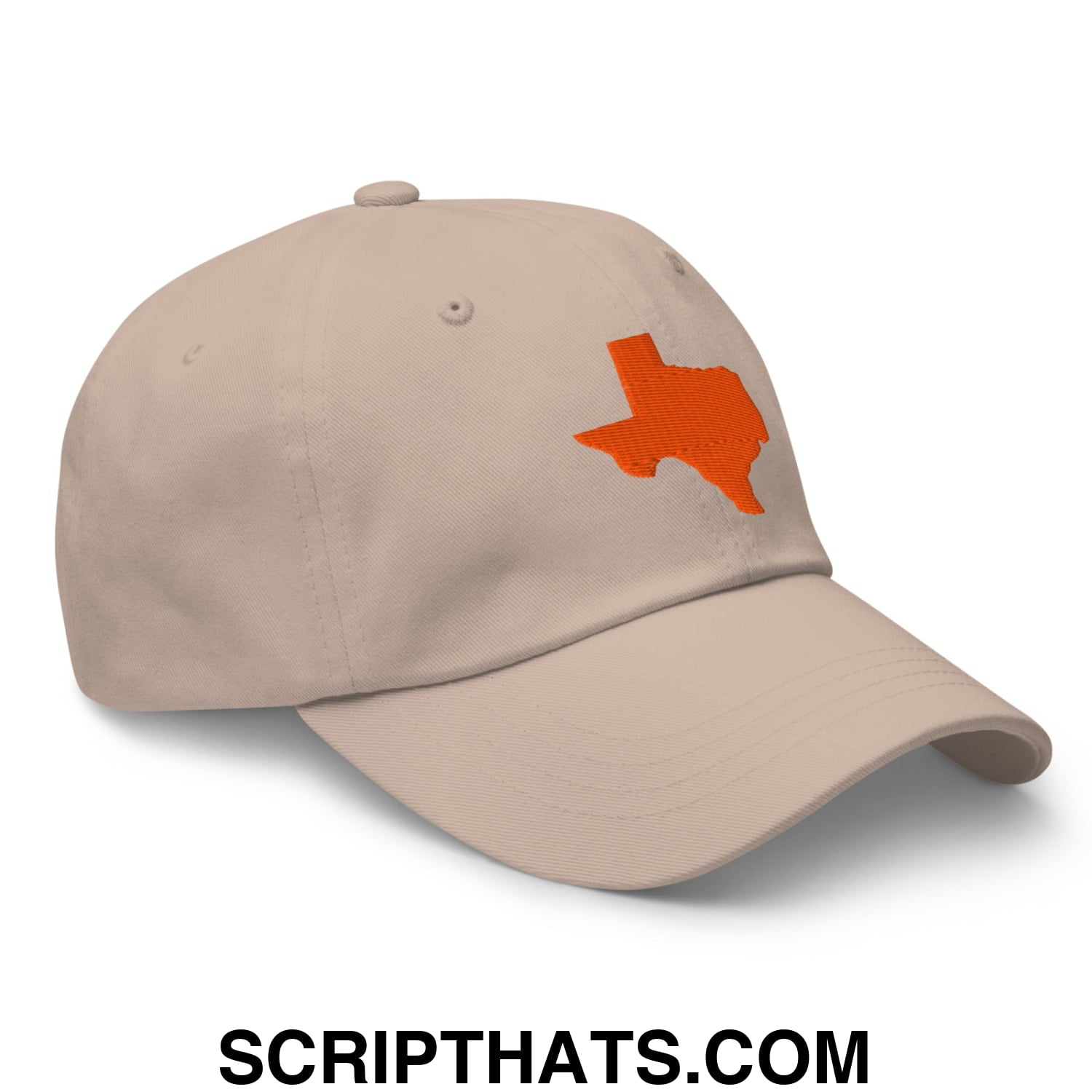 Beige unstructured dad hat with embroidered orange Texas state outline on front perfect for casual wear