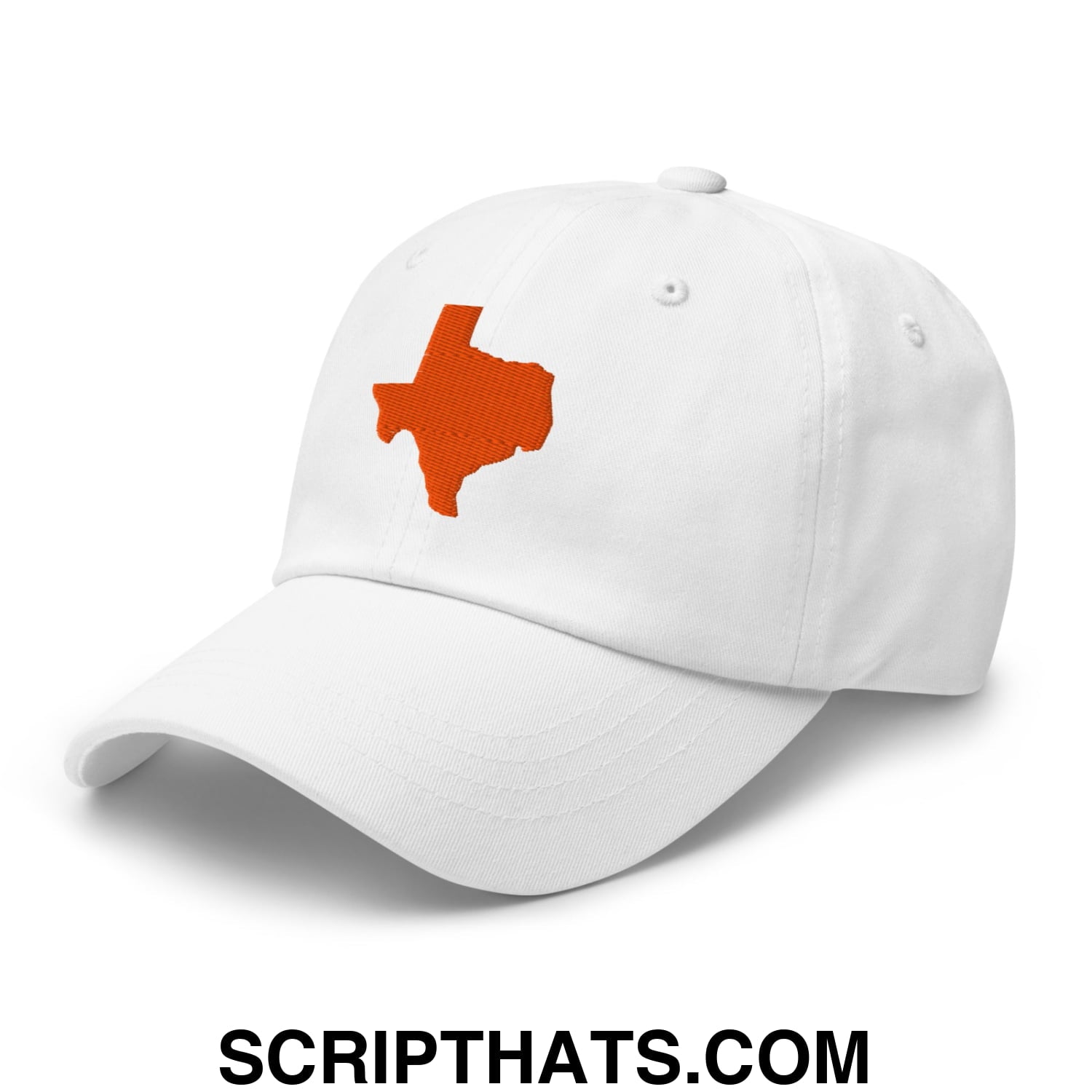 White unstructured dad hat with orange embroidered texas state silhouette for casual outdoor wear
