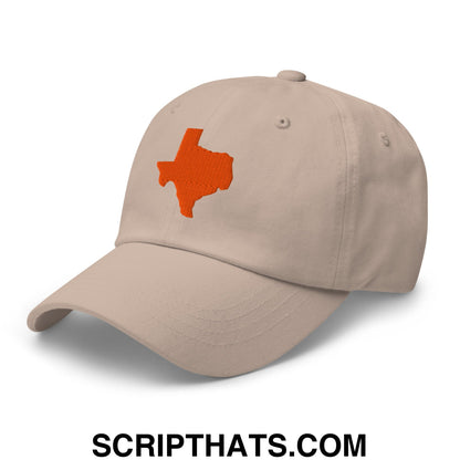 Beige unstructured dad hat with orange embroidered texas state silhouette perfect for casual wear