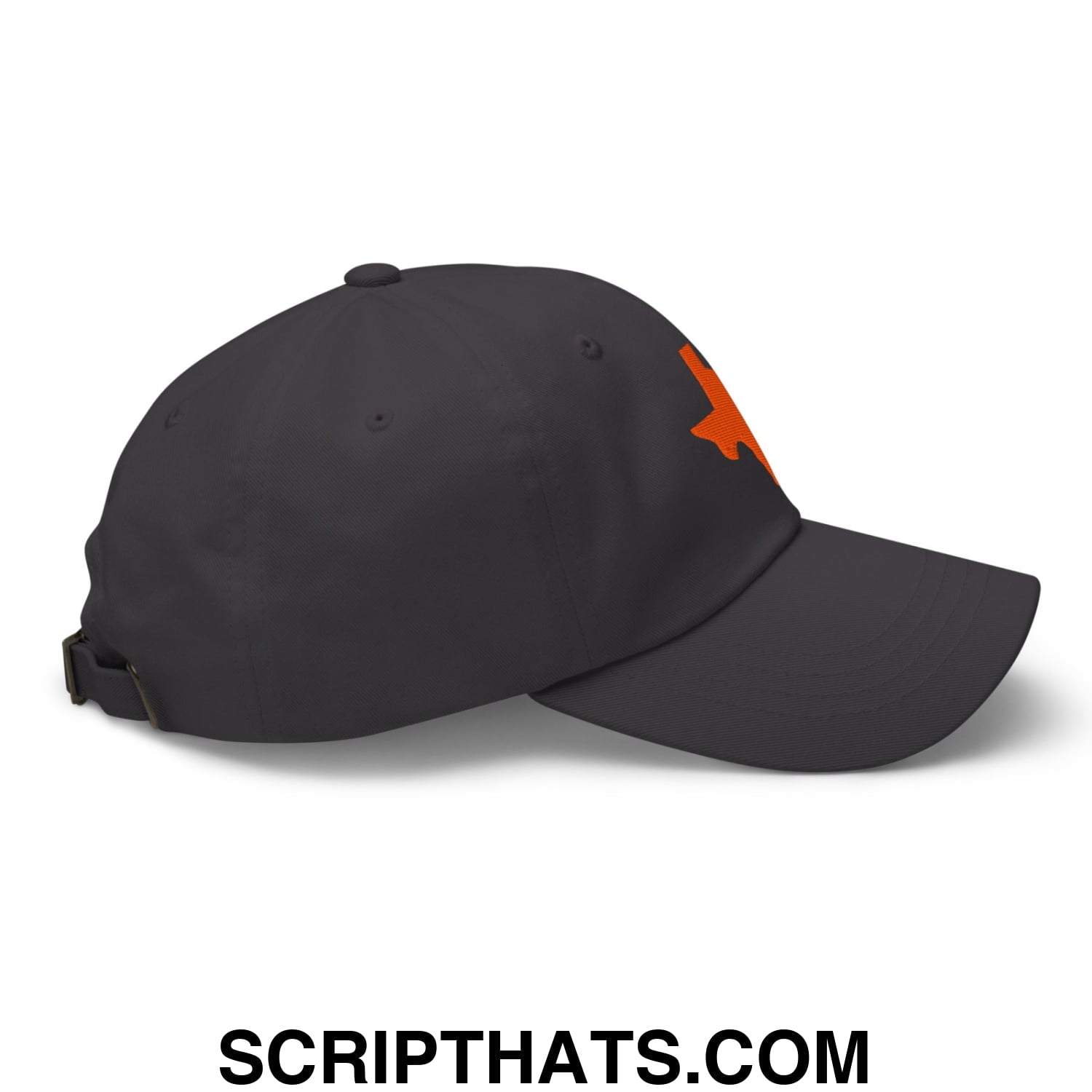 Black unstructured dad hat with orange texas state silhouette embroidered logo on the side