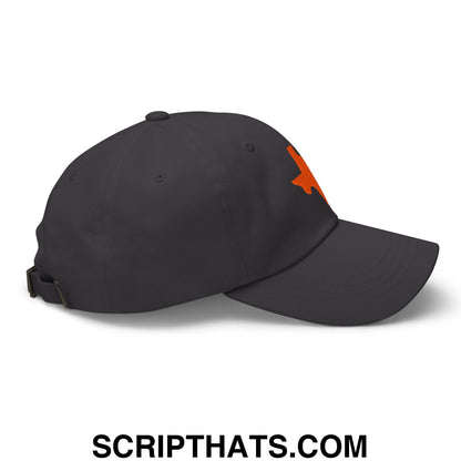 Black unstructured dad hat with orange texas state silhouette embroidered logo on the side