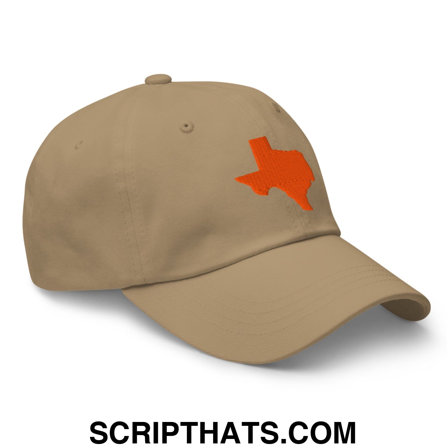 Beige unstructured dad hat featuring an orange embroidered Texas state silhouette on the front panel