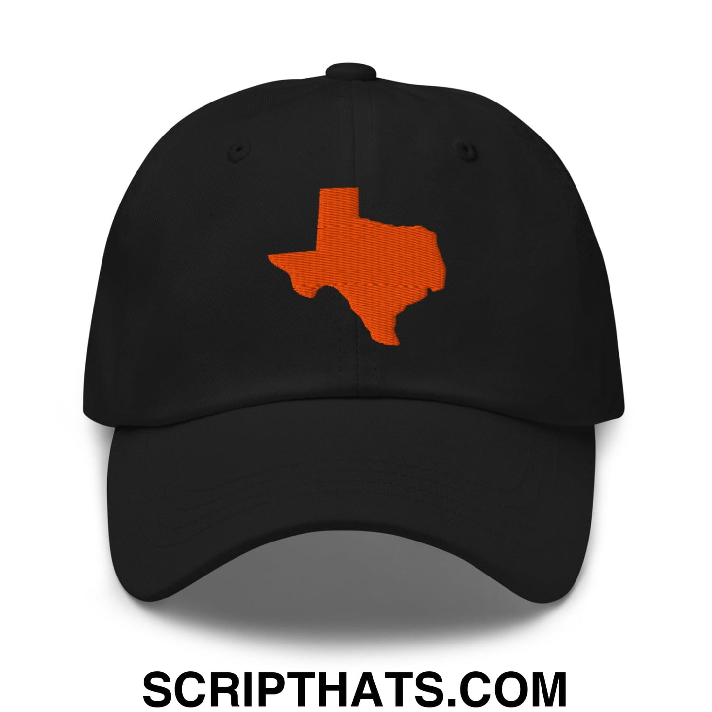 Black unstructured dad hat with orange embroidered texas state silhouette outline on front panel
