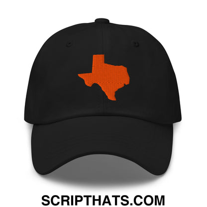 Black unstructured dad hat with orange embroidered texas state silhouette outline on front panel