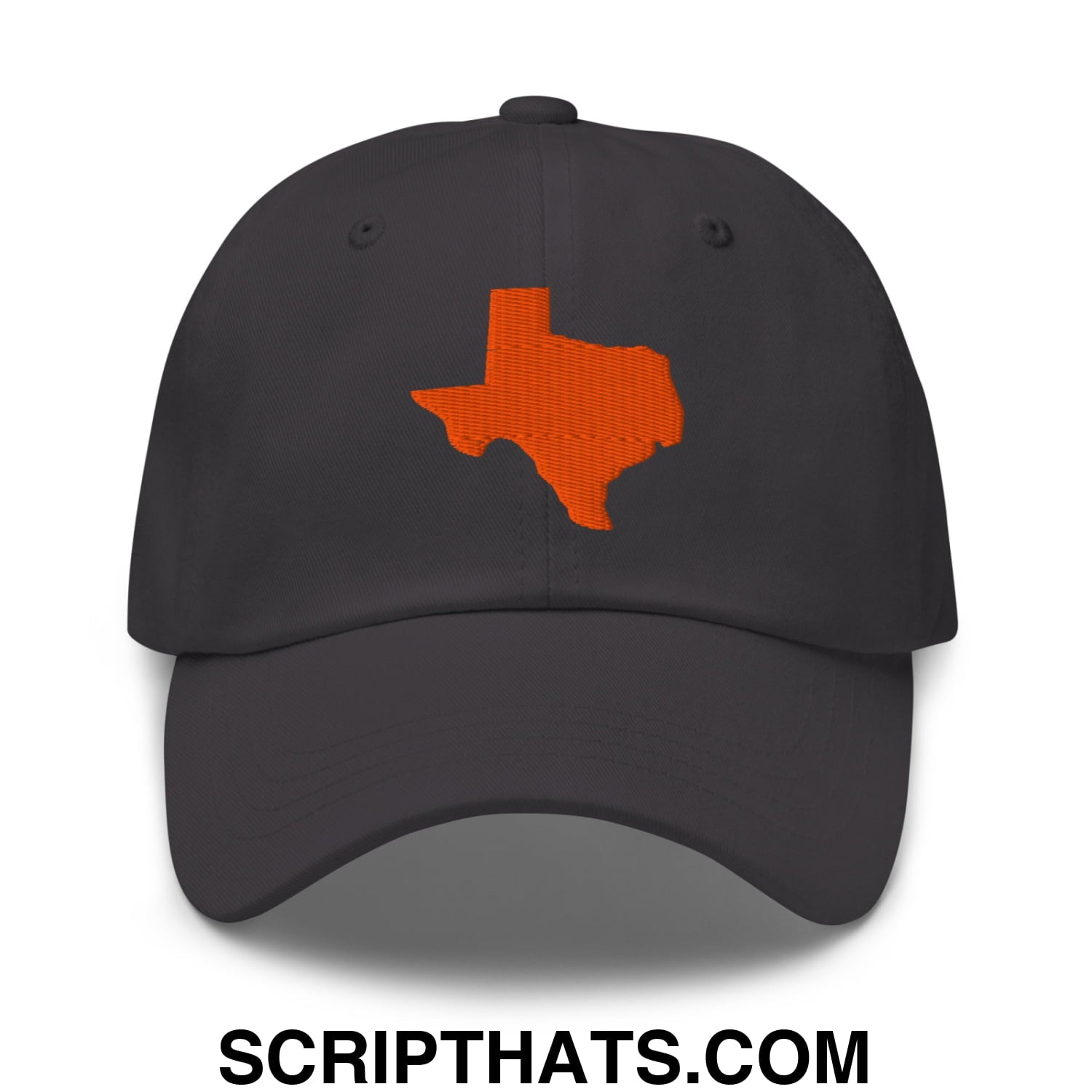 Dark gray unstructured dad hat with an orange embroidered outline of Texas state silhouette