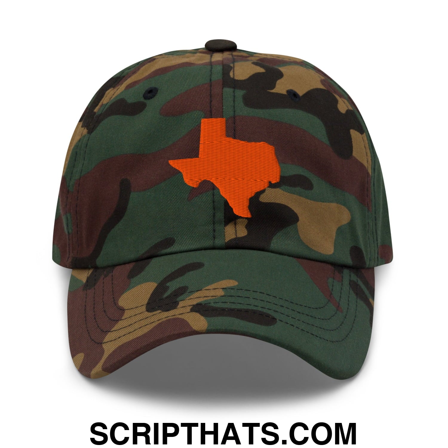 Texas state silhouette orange embroidered unstructured dad hat with green brown black camouflage pattern