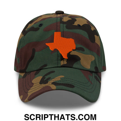 Texas state silhouette orange embroidered unstructured dad hat with green brown black camouflage pattern