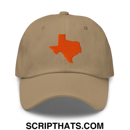 Beige unstructured dad hat with orange embroidered texas state silhouette on front panel