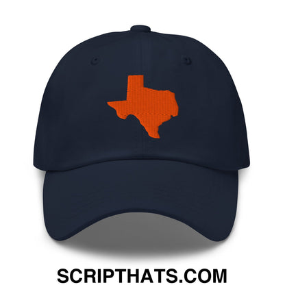 Navy blue unstructured dad hat featuring an orange embroidered texas state silhouette on the front