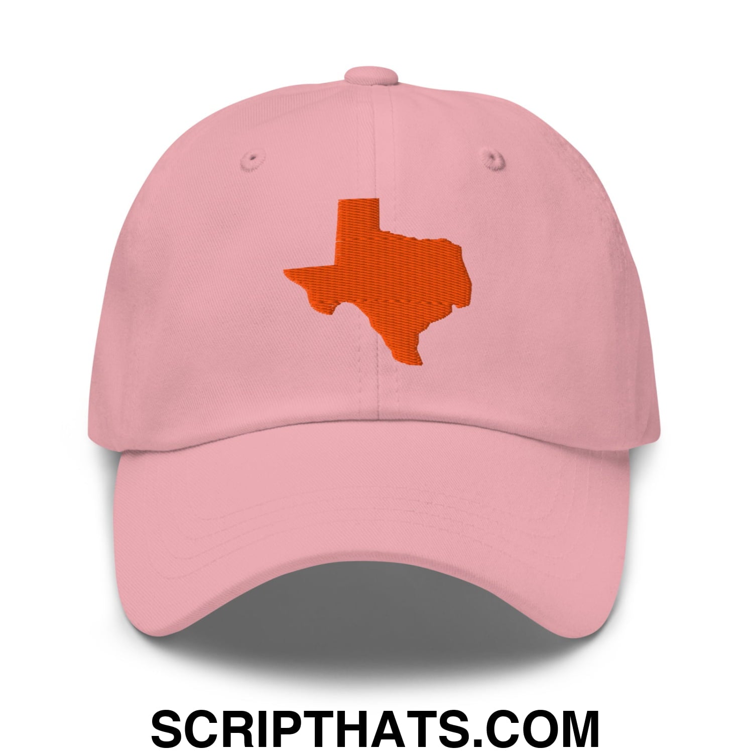 Pink unstructured dad hat with orange embroidered texas state silhouette perfect for casual wear