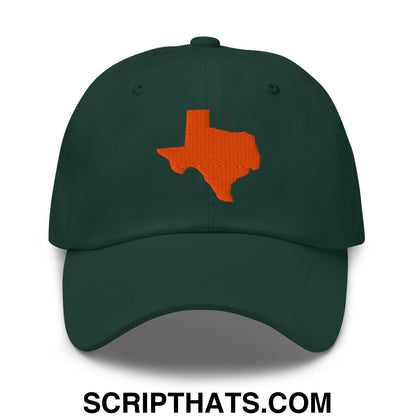 Dark green unstructured dad hat featuring an orange embroidered outline of the state of Texas