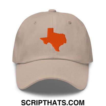 Beige unstructured dad hat with an embroidered orange Texas state silhouette on the front panel