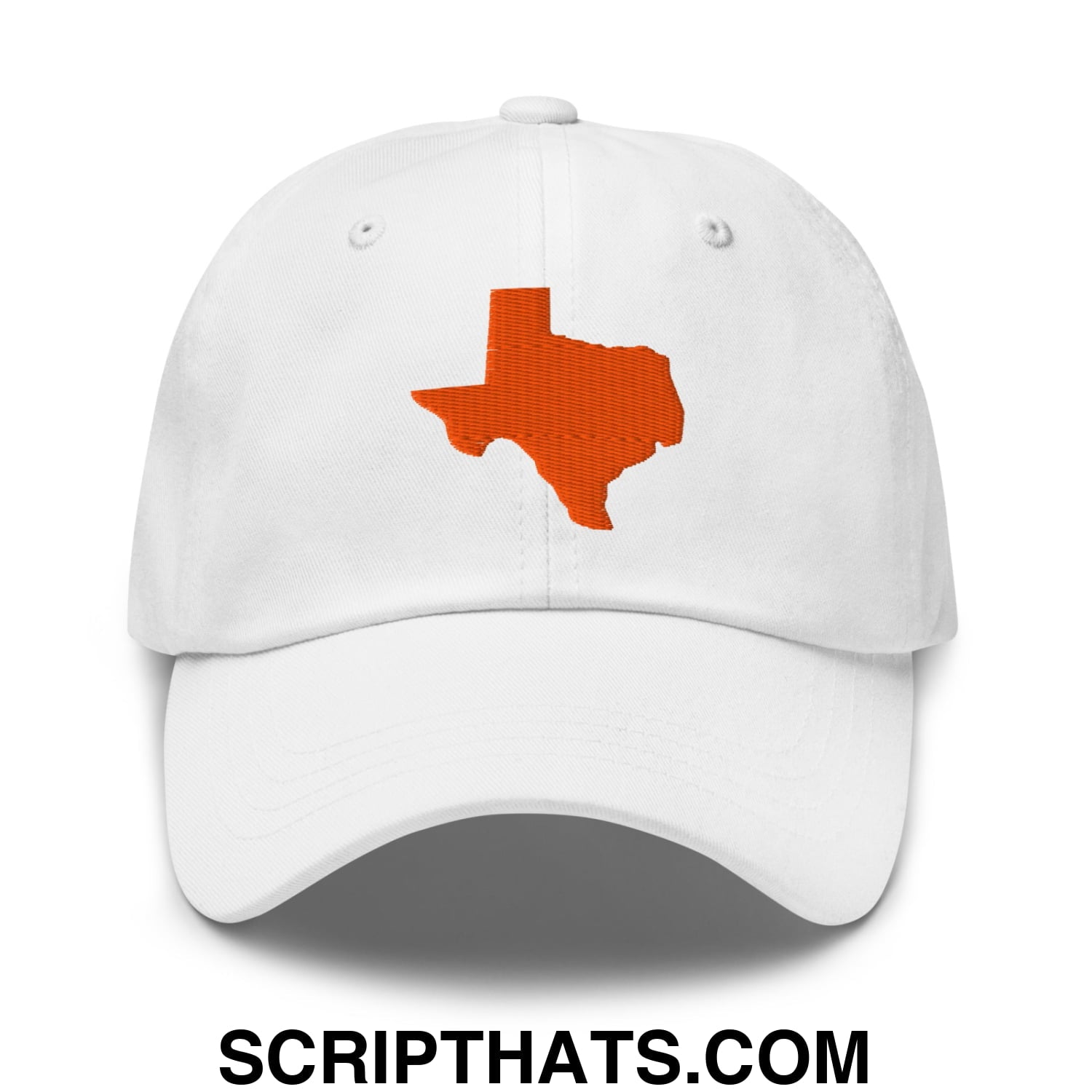 White unstructured dad hat with orange embroidered texas state outline perfect for casual wear