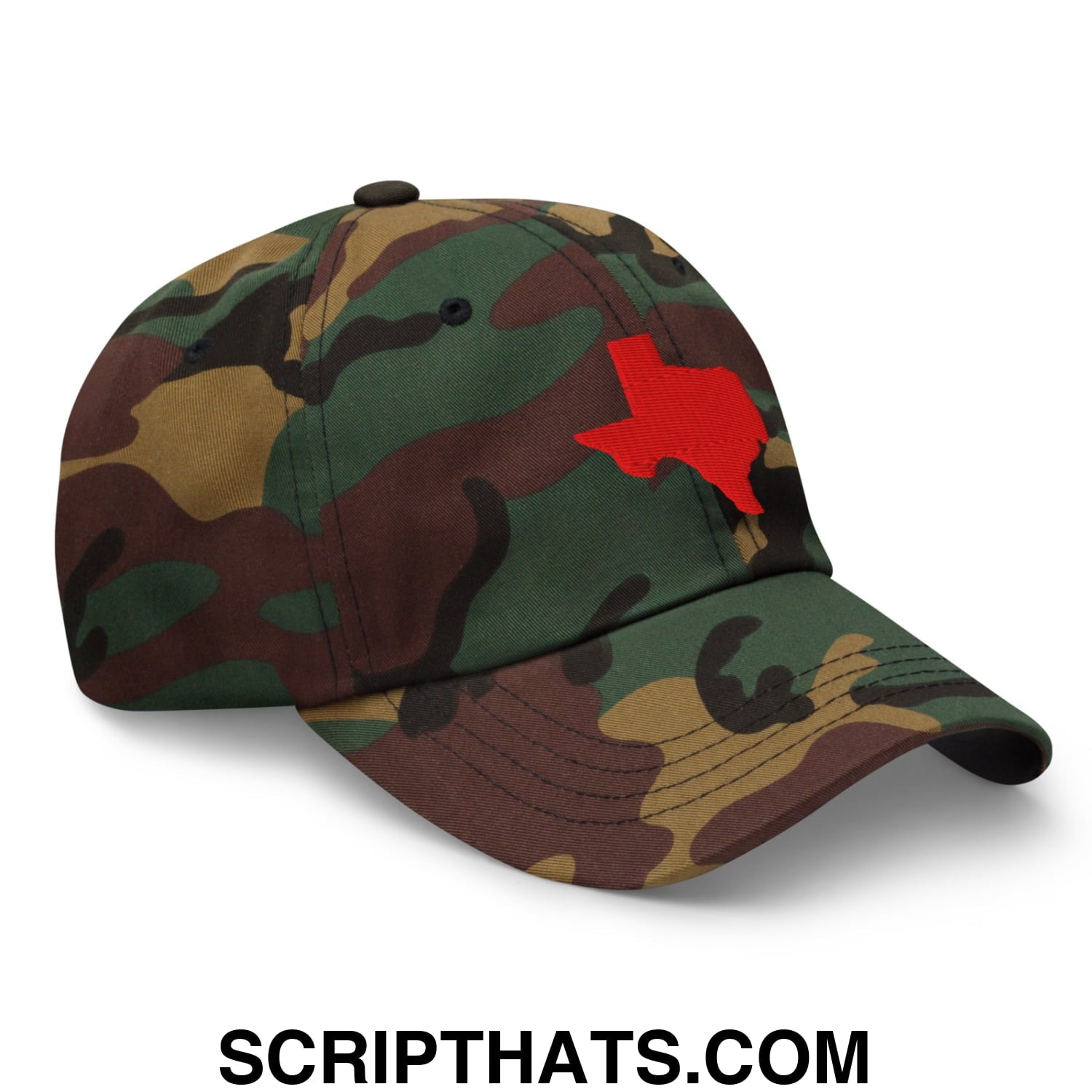 Texas State Silhouette Red Embroidered Unstructured Dad Hat Green Camo
