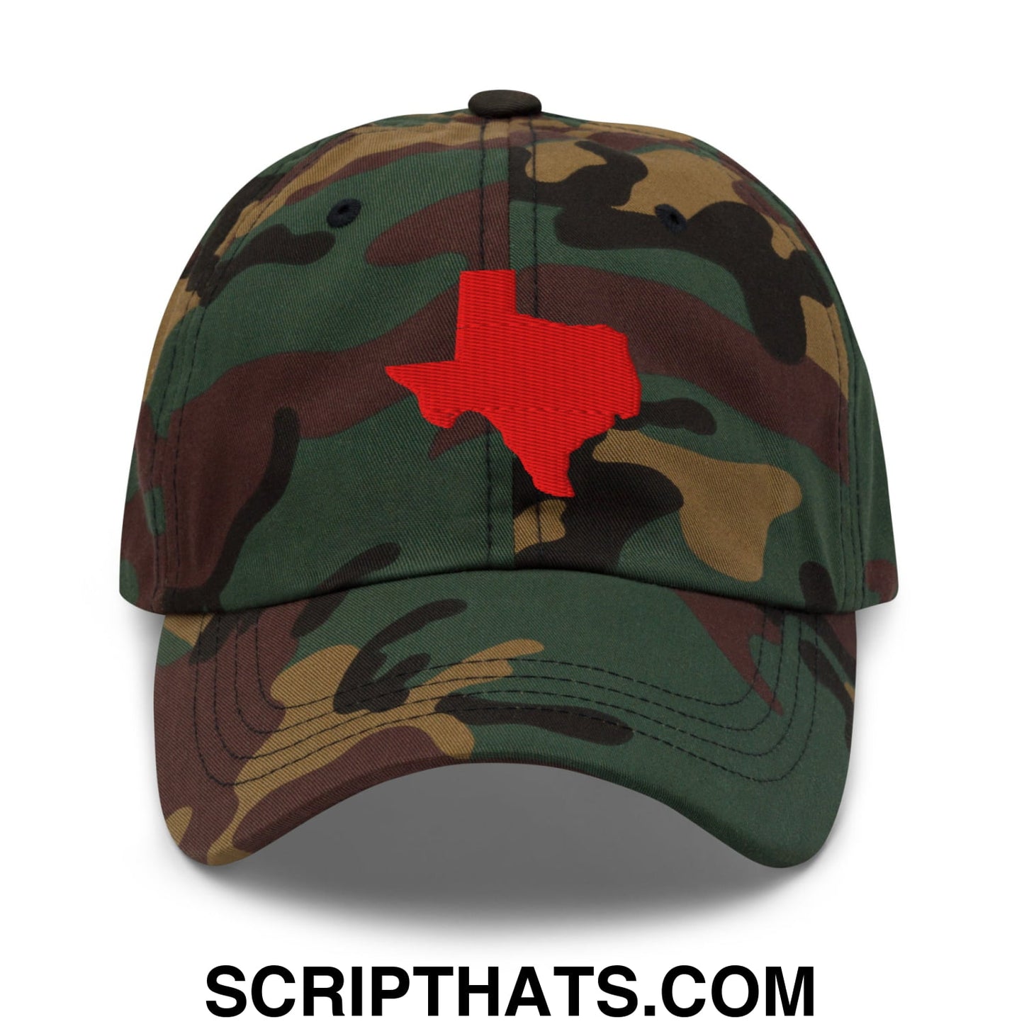 Texas State Silhouette Red Embroidered Unstructured Dad Hat Green Camo