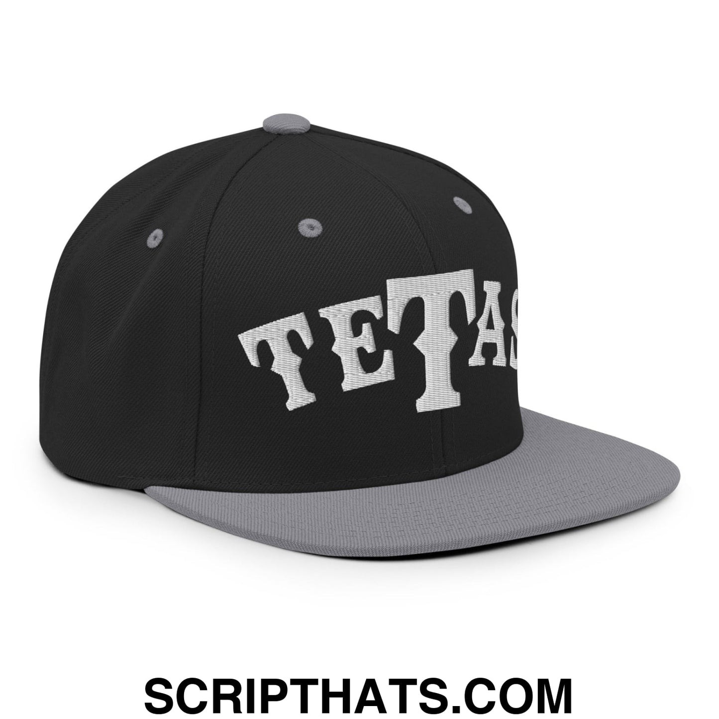 Texas Tetas Embroidered Flat Brim Bill Snapback Hat Black Silver