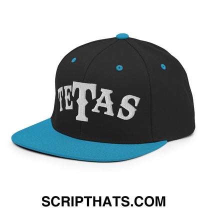 Texas Tetas Embroidered Flat Brim Bill Snapback Hat Black Teal