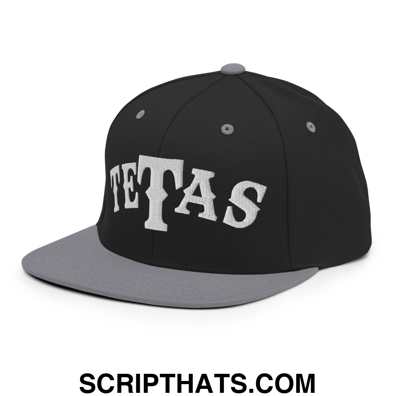 Texas Tetas Embroidered Flat Brim Bill Snapback Hat Black Silver