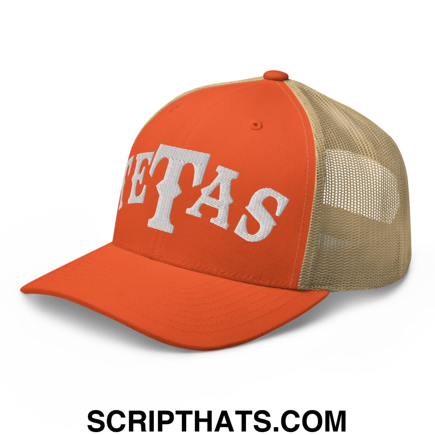 Texas Tetas Embroidered Mesh Trucker Hat Rustic Orange Khaki