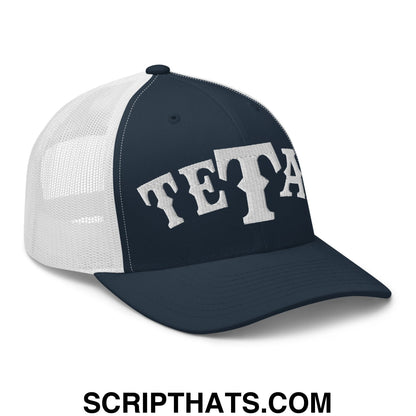 Texas Tetas Embroidered Mesh Trucker Hat Navy White