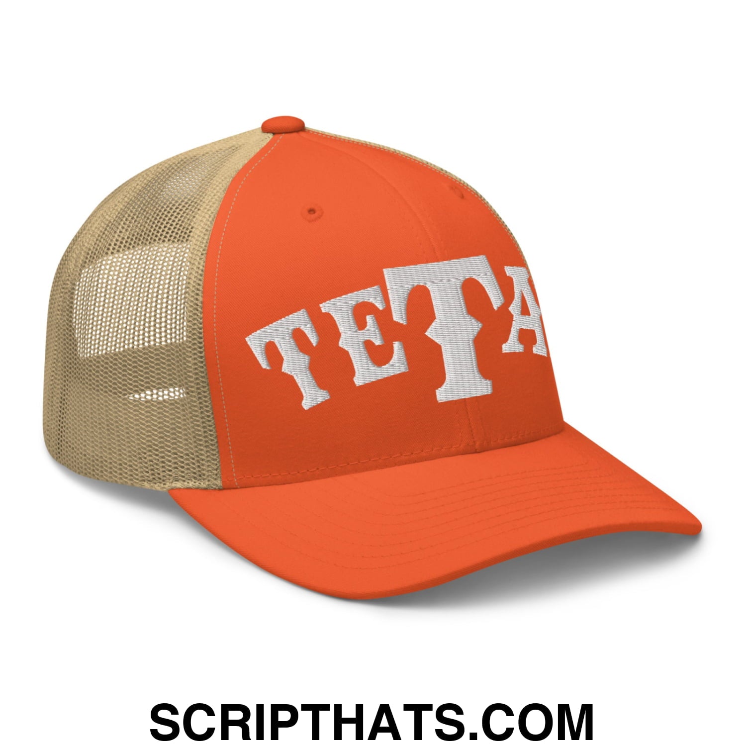 Texas Tetas Embroidered Mesh Trucker Hat Rustic Orange Khaki