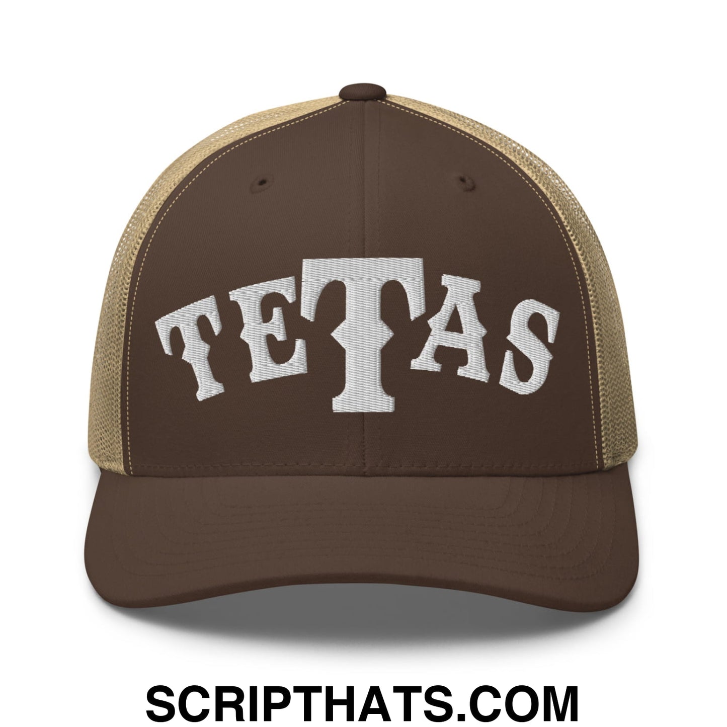Texas Tetas Embroidered Mesh Trucker Hat Brown Khaki
