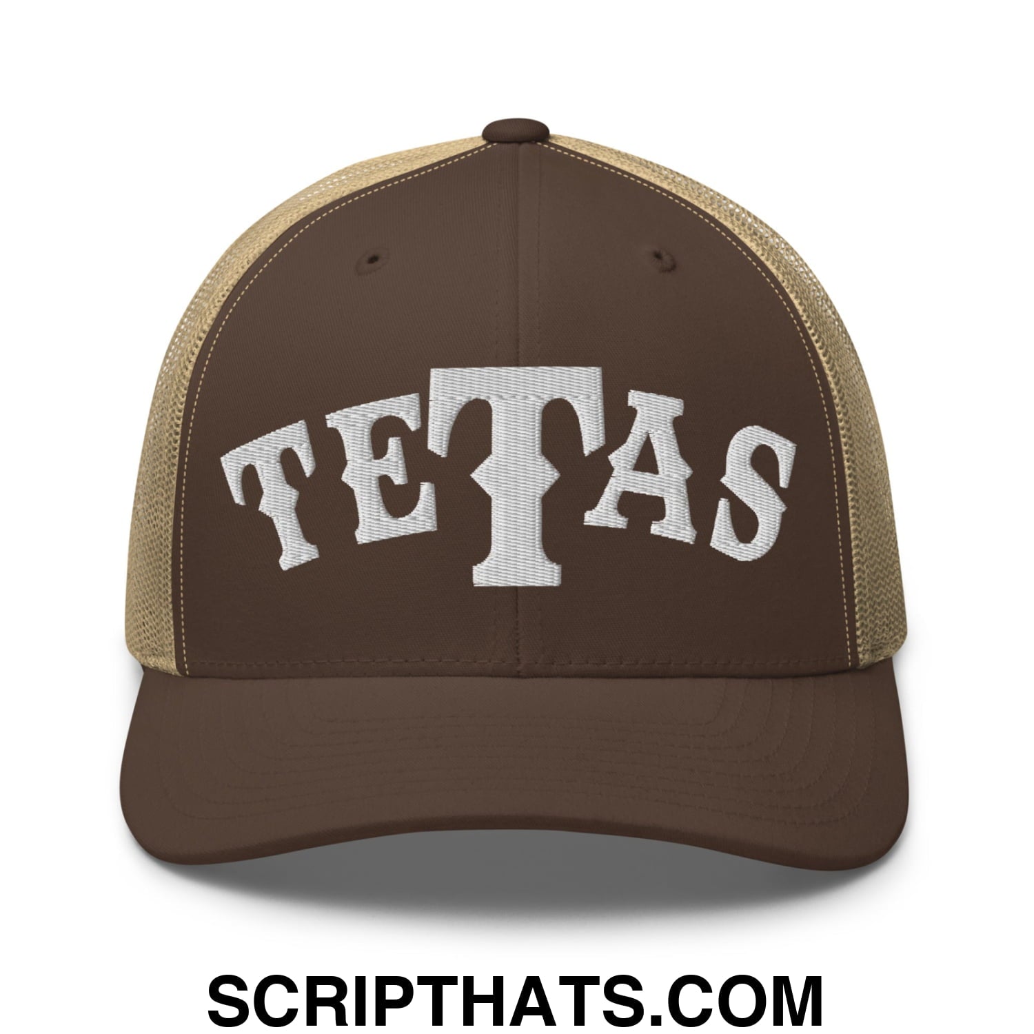 Texas Tetas Embroidered Mesh Trucker Hat Brown Khaki