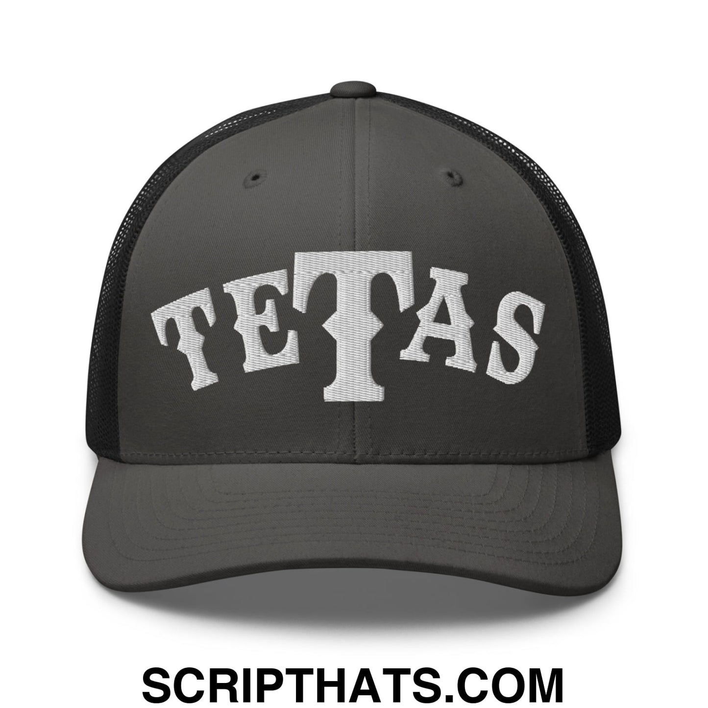 Texas Tetas Embroidered Mesh Trucker Hat Charcoal Black