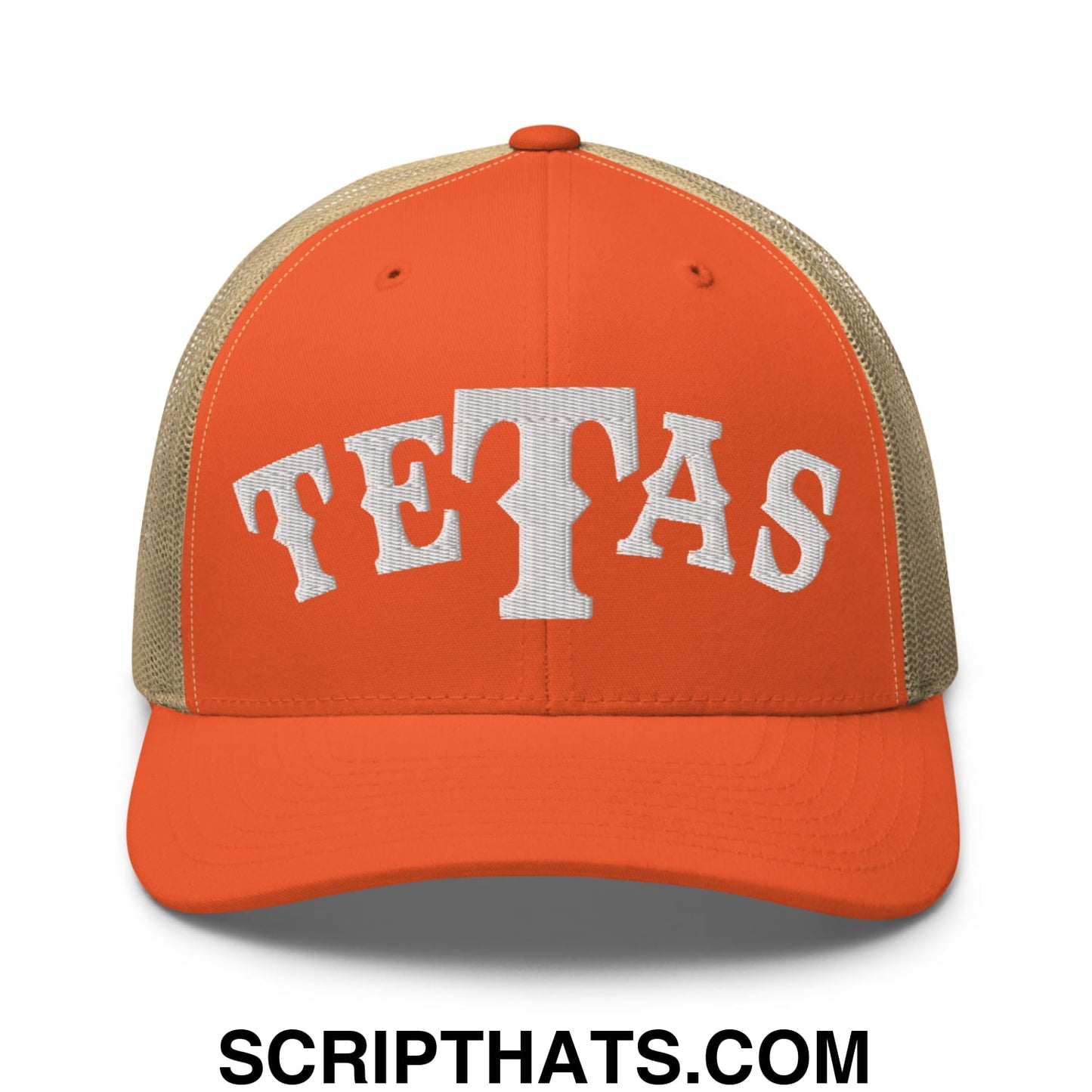 Texas Tetas Embroidered Mesh Trucker Hat Rustic Orange Khaki