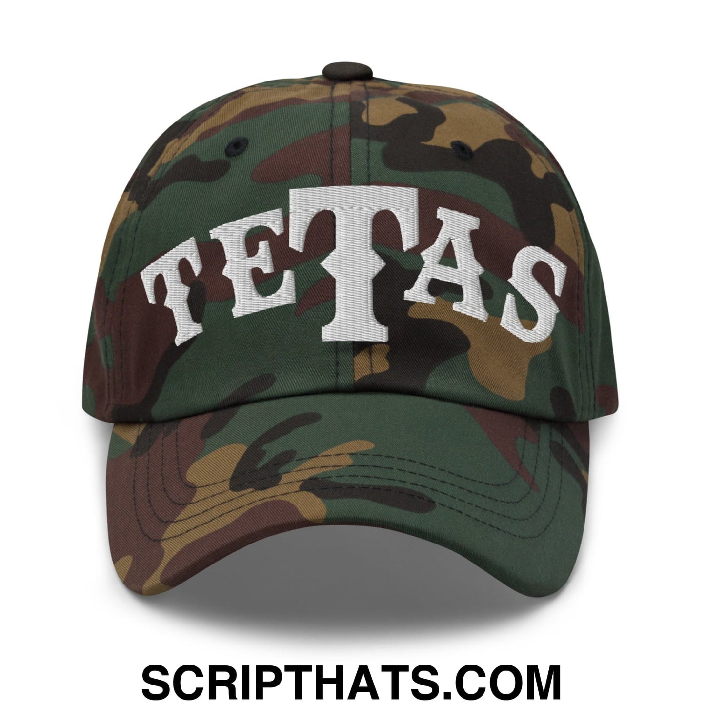 Texas Tetas Embroidered Unstructured Dad Hat Green Camo