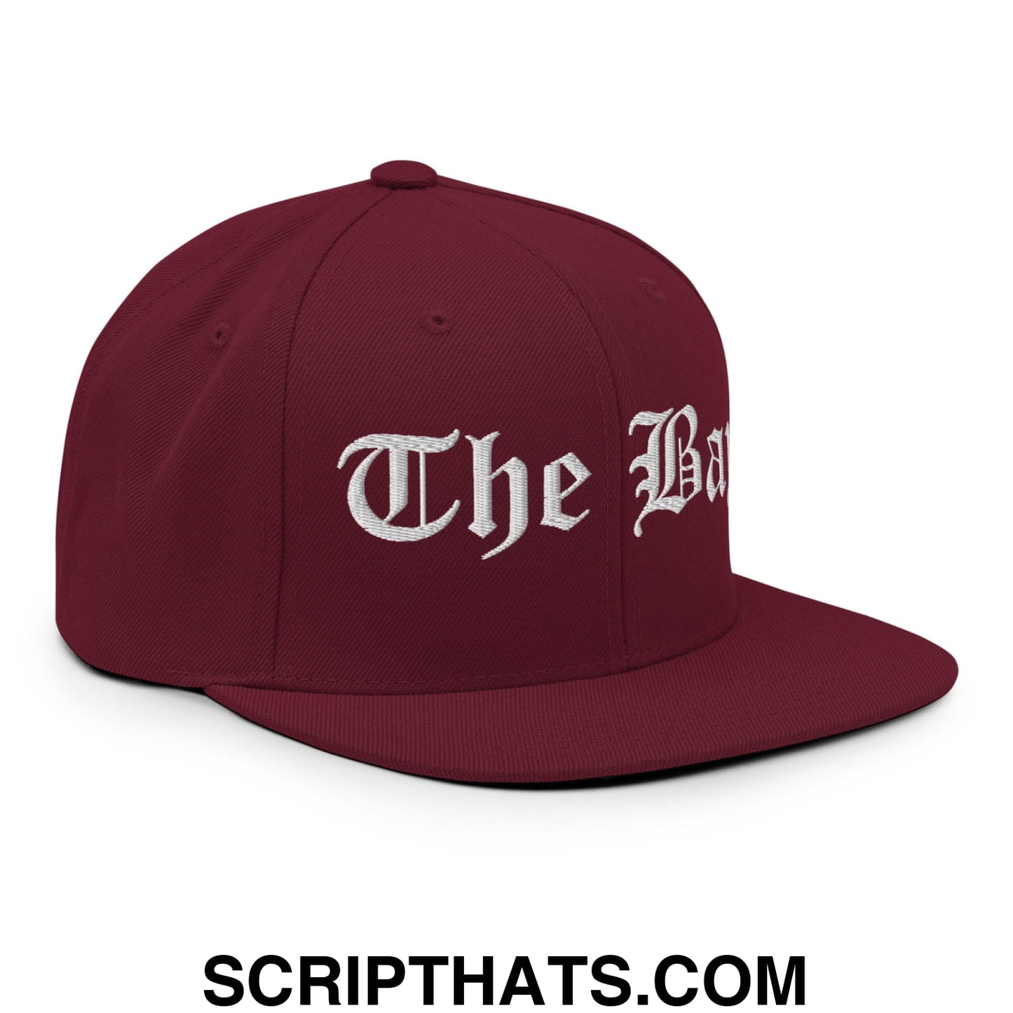 The Bay Old English Embroidered Flat Bill Brim Snapback Hat Maroon