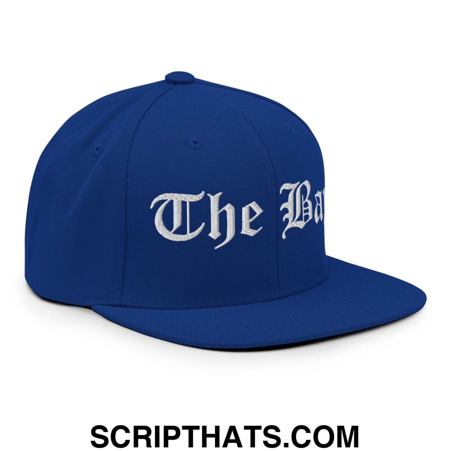 The Bay Old English Embroidered Flat Bill Brim Snapback Hat Royal Blue