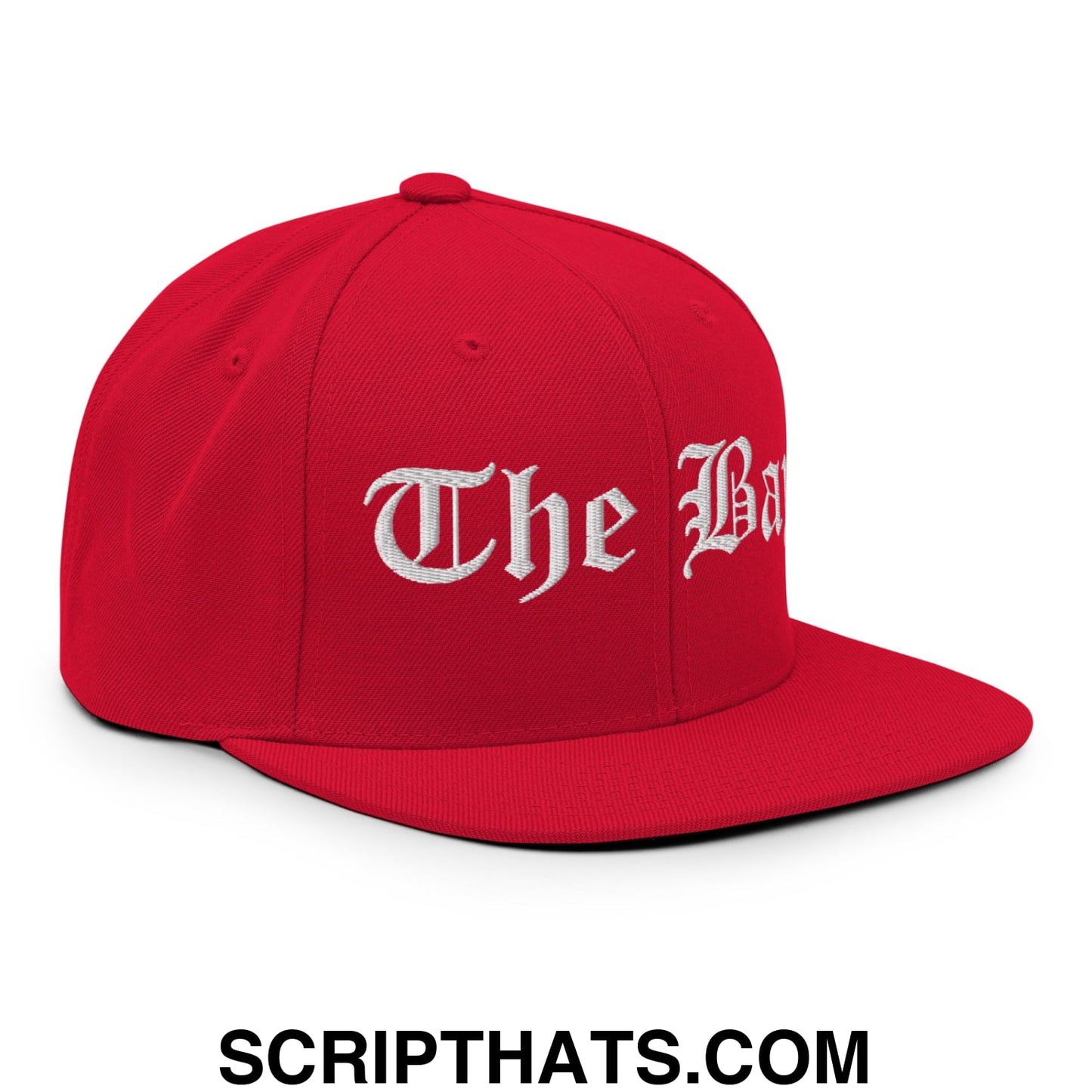 The Bay Old English Embroidered Flat Bill Brim Snapback Hat Red