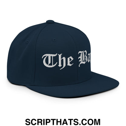 The Bay Old English Embroidered Flat Bill Brim Snapback Hat Dark Navy