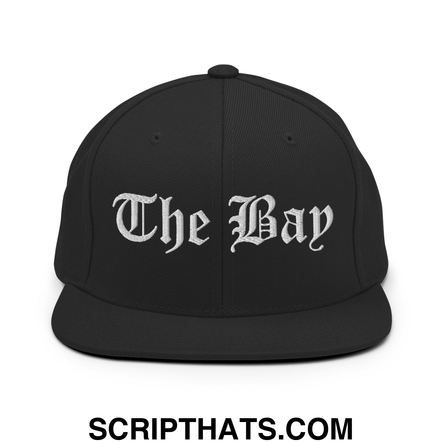 The Bay Old English Embroidered Flat Bill Brim Snapback Hat Black