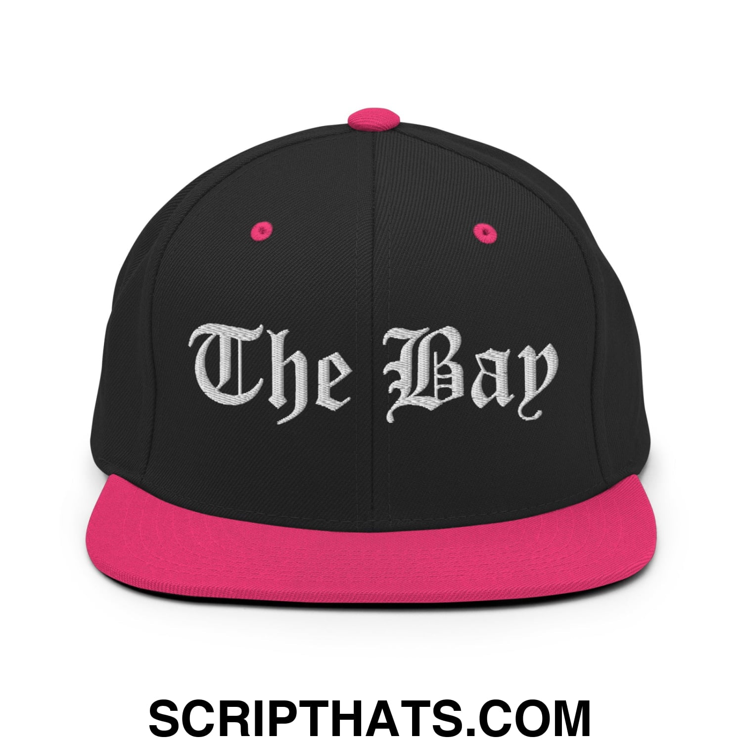 The Bay Old English Embroidered Flat Bill Brim Snapback Hat Black Neon Pink