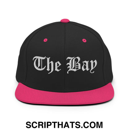 The Bay Old English Embroidered Flat Bill Brim Snapback Hat Black Neon Pink